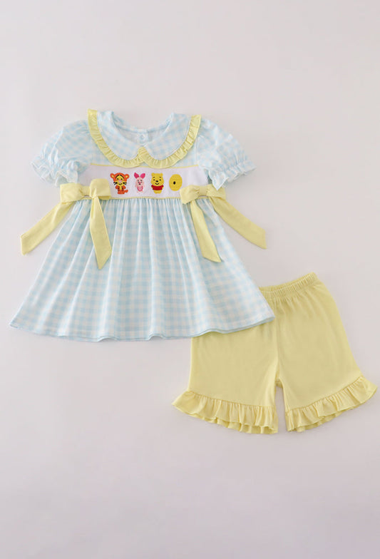 Blue Character Embroidery  Gingham Ruffle Girl’s Short Set