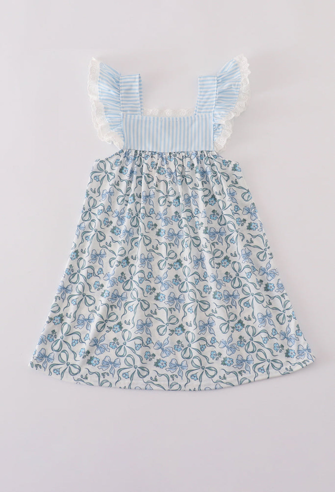 Blue Bow & Lace Print Ruffle Dress