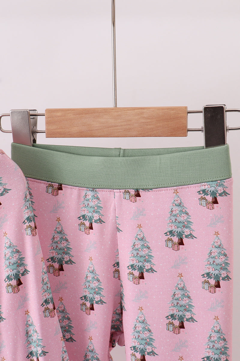 Pink christmas tree bamboo pants set