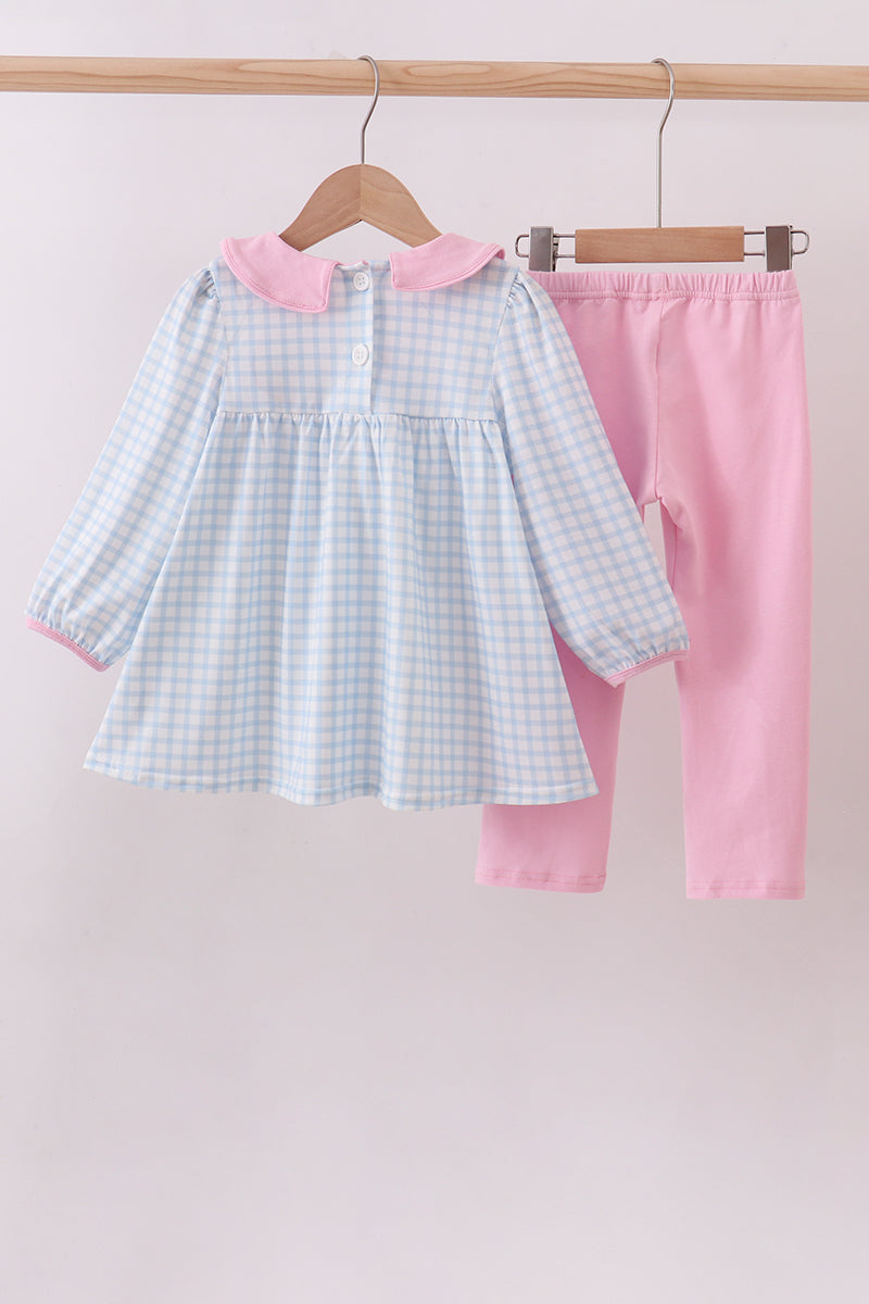 Blue heart embroidery gingham pants set