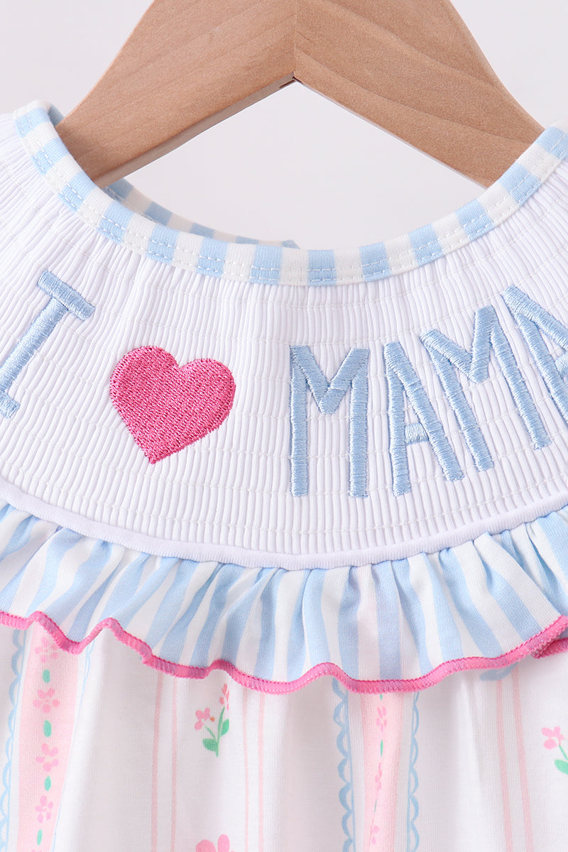 Blue floral I love MAMA smocked ruffle bloomer set