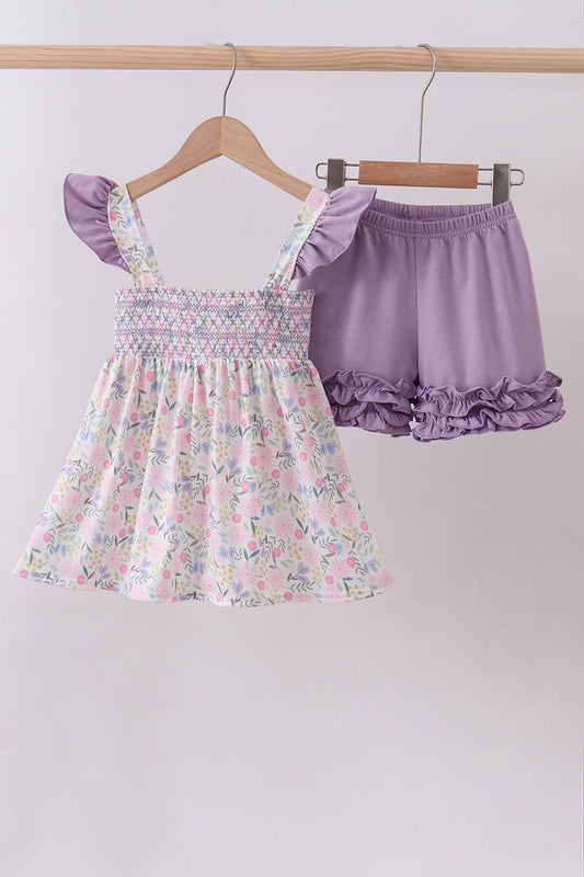 Purple floral smocked ruffle shorts set