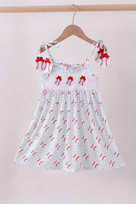 Baseball applique ruffle gingham dress
