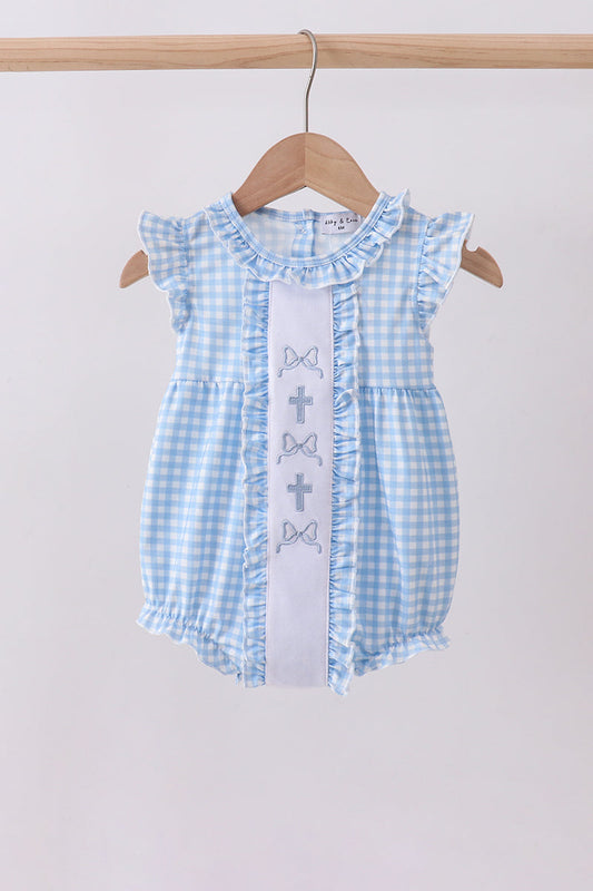 Blue cross bow embroidery ruffle gingham bubble