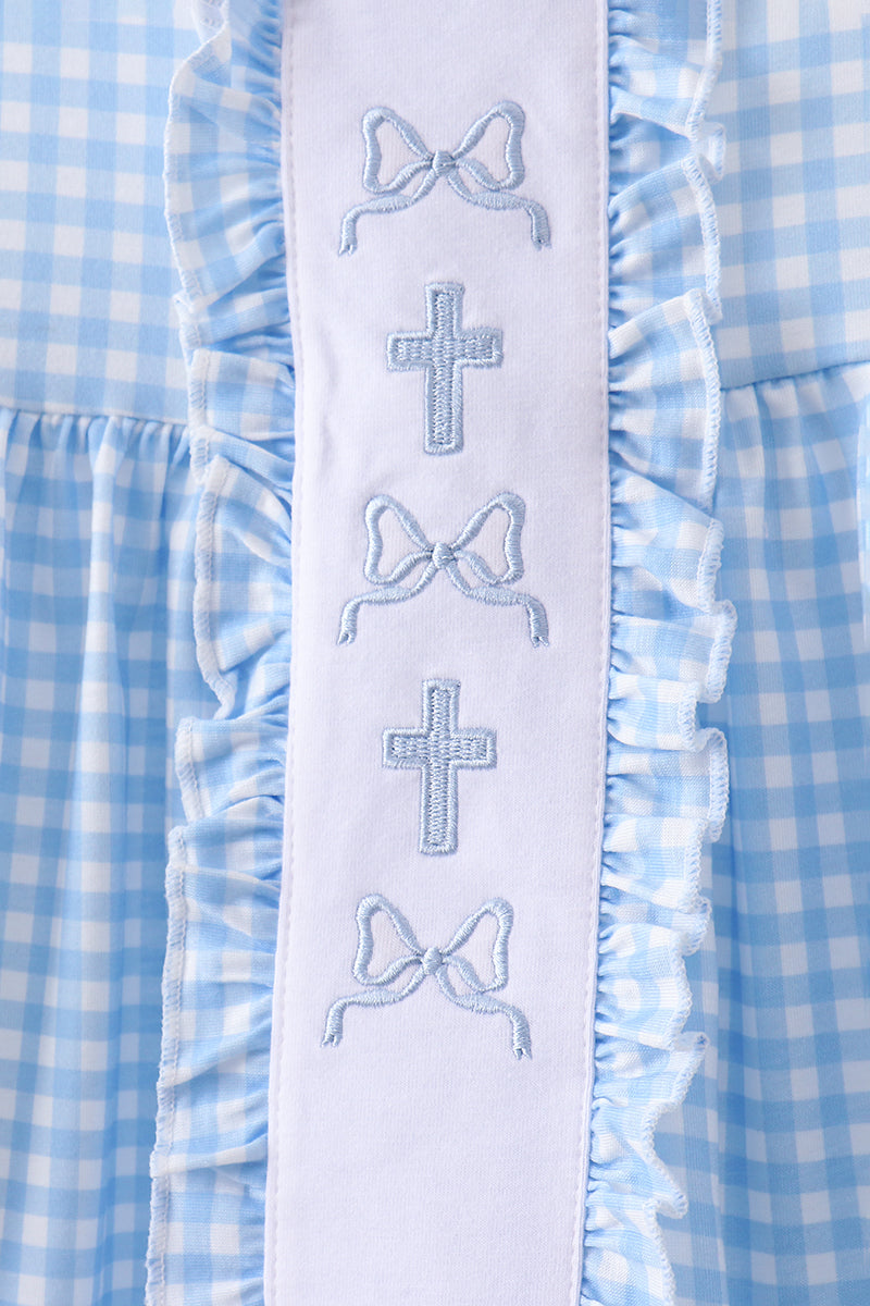 Blue cross bow embroidery ruffle gingham shorts set