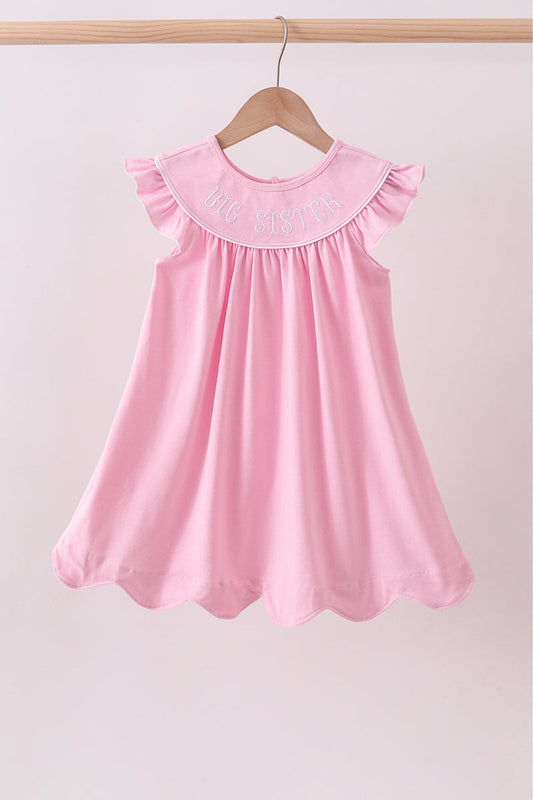 Pink big sister embroidery ruffle dress