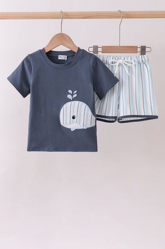 Blue whale applique shorts set