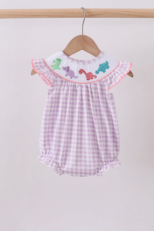 Purple dinosaur smocked gingham bubble