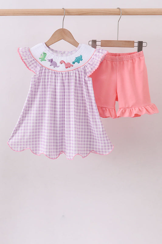 Purple dinosaur smocked gingham ruffle shorts set