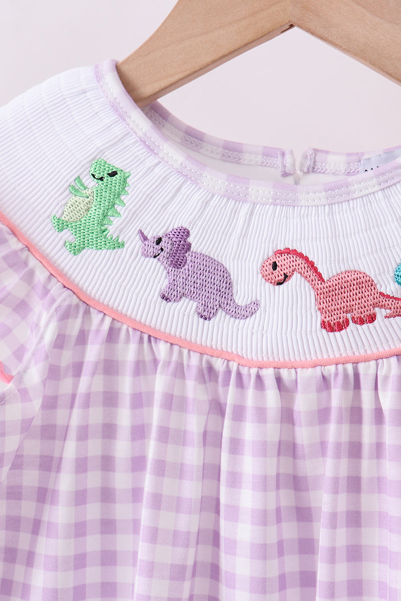 Purple dinosaur smocked gingham ruffle shorts set