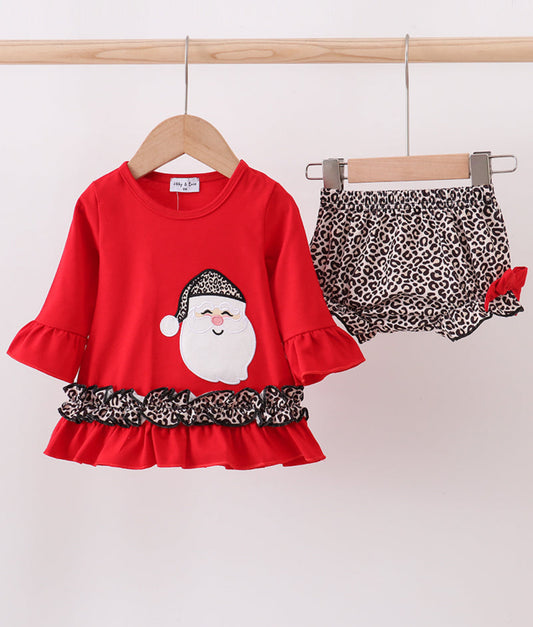 Red Santa Claus Appliqué Leopard Ruffle Girl’s Bloomer Set