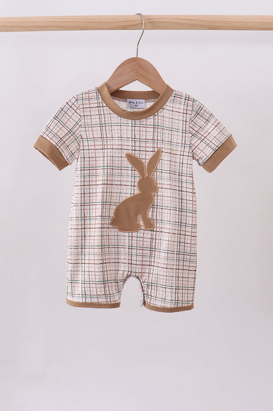 Brown bunny applique plaid romper