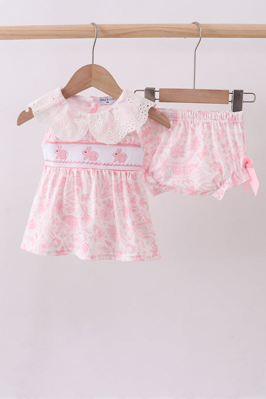 Pink bunny smocked lace collar bow bloomer set