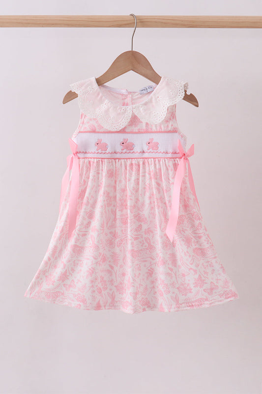 Pink bunny smocked lace collar dress