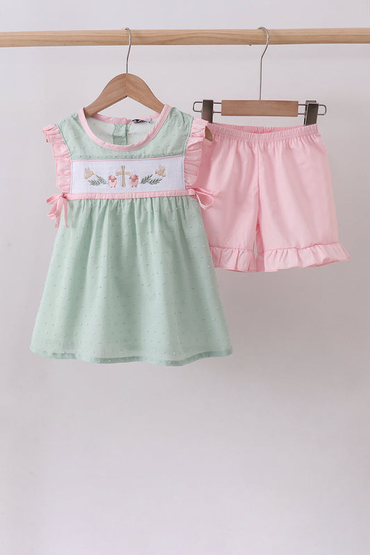 Green swiss dot cross sheep ruffle shorts set