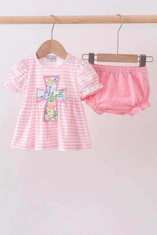 Pink stripe cross applique bloomer set