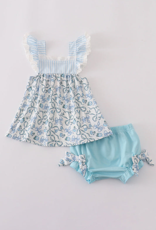 Blue Bow & Lace Print Ruffle Girl’s Bloomer Set