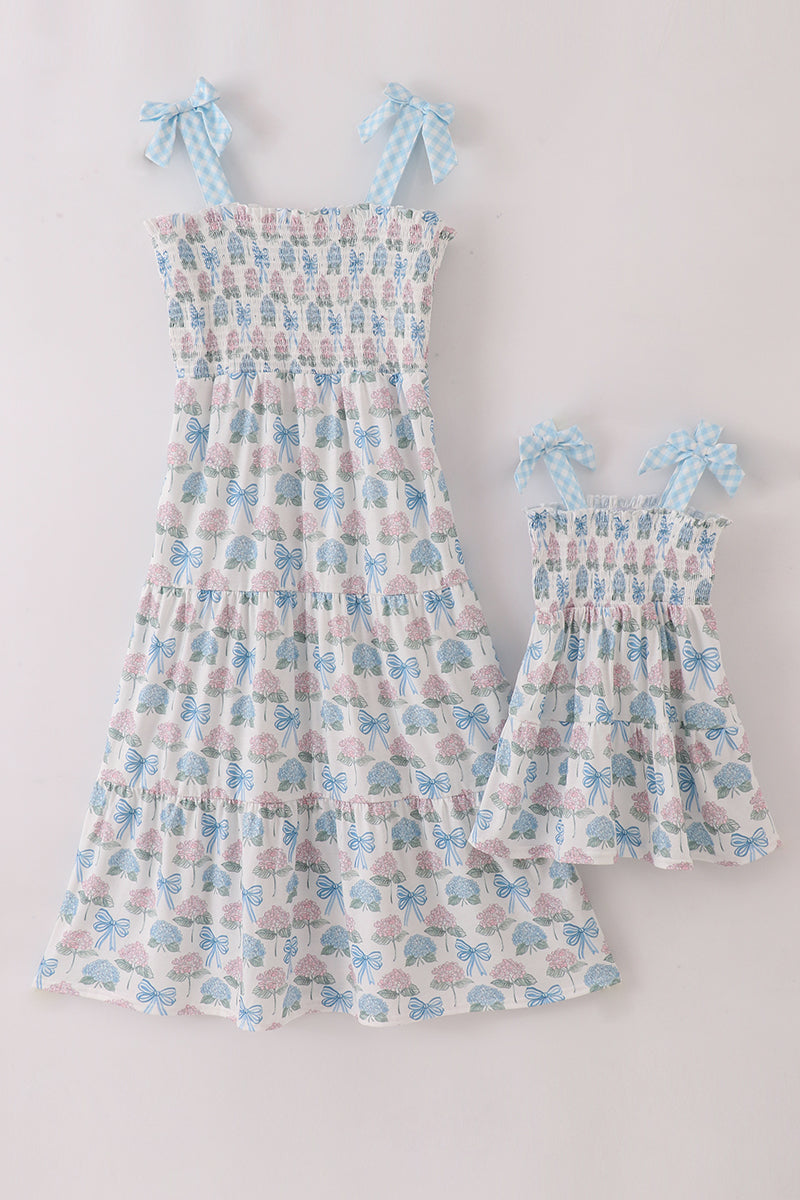 Blue hydrangea bow smocked mom&me dress