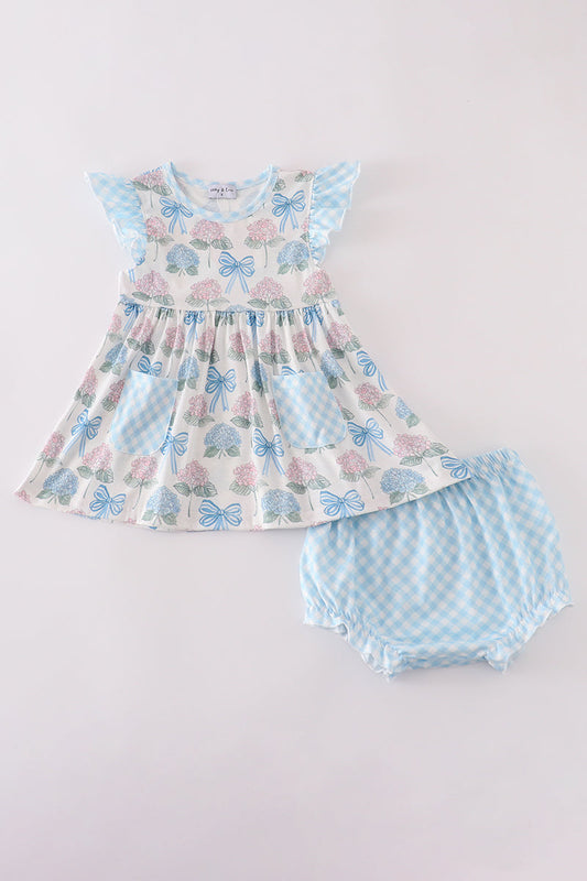 Blue hydrangea bow print ruffle bloomer set