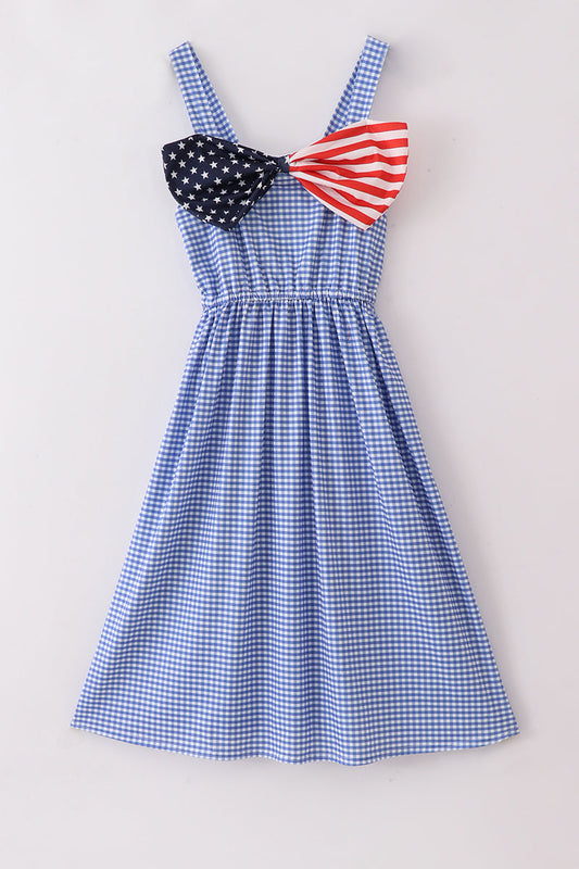 Blue flag bow gingham mom dress