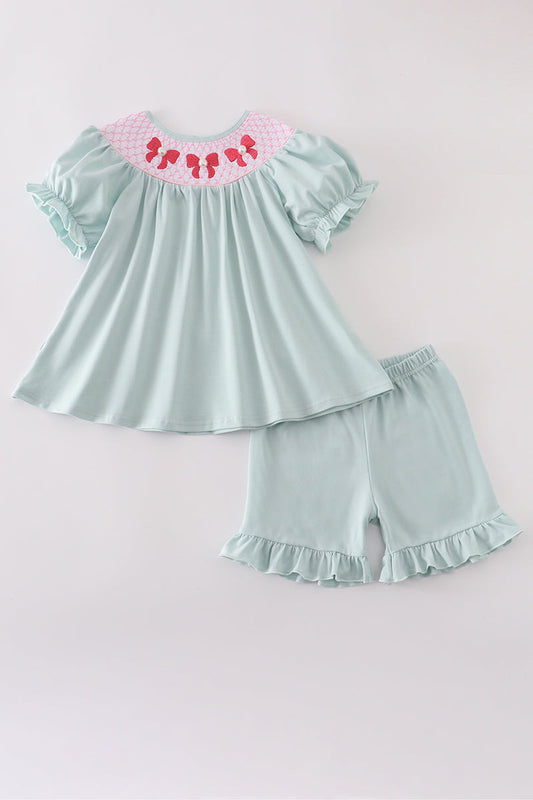 Blue bow pearl smocked ruffle shorts set