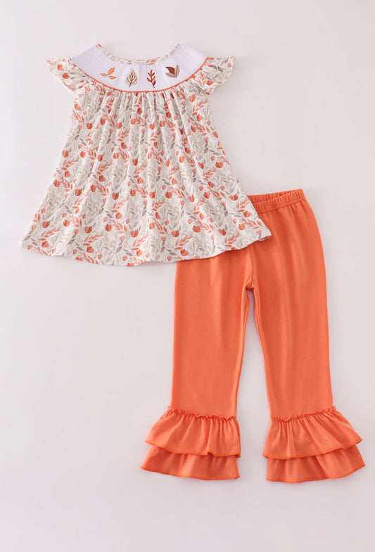 Fall Leaves Embroidery Smocked Ruffle Girl Pants Set