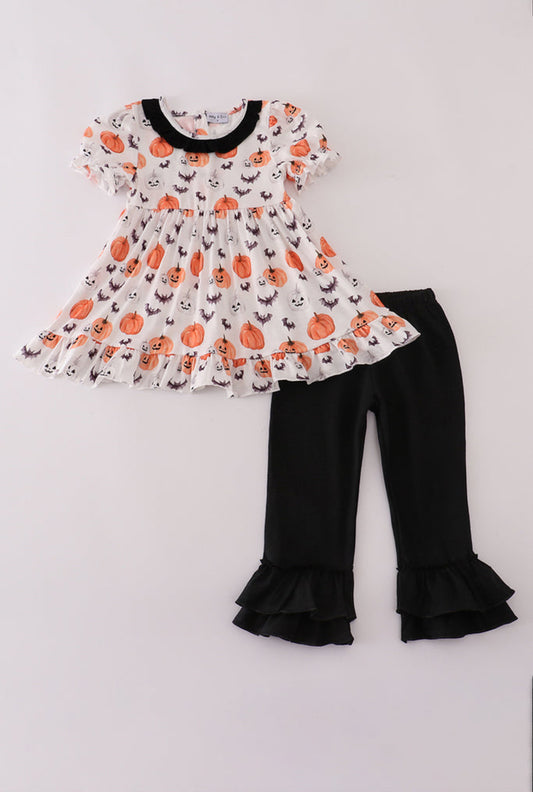 Black Pumpkin Print Ruffle Girl’s Pants Set