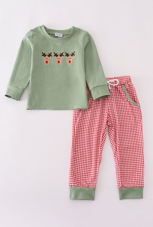 Green Reindeer Embroidery Boy’s Pants Set