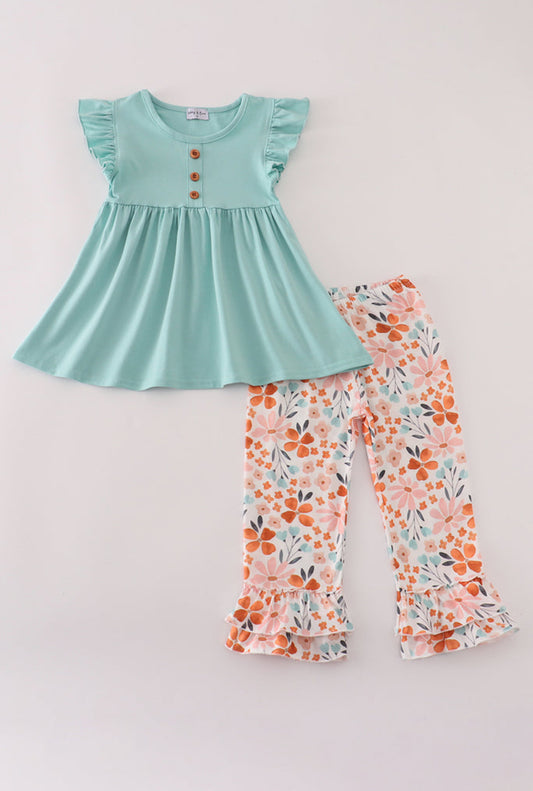 Sage Floral Ruffle Girl’s Pants Set