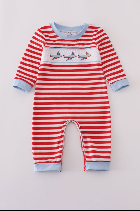 Red Airplane Embroidery Stripe Boy’s Romper