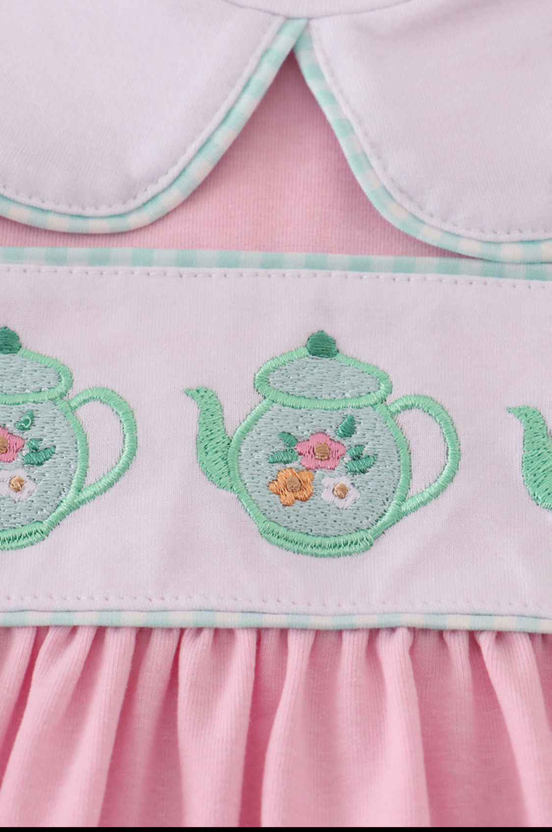 Pink Teapot Embroidery Puff Sleeve Dress