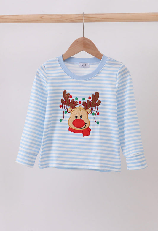 Blue Stripe Reindeer Applique Boy’s Top
