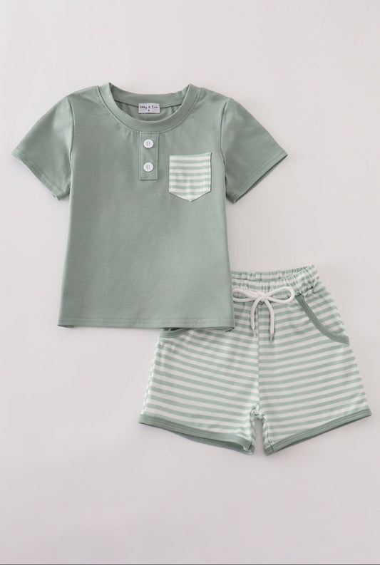 Green Stripe Pocket Boy’s Shorts Set