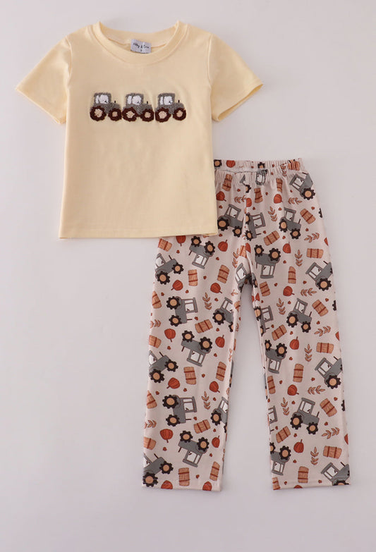 Yellow Tractor French Knot Boy’s Pant Set