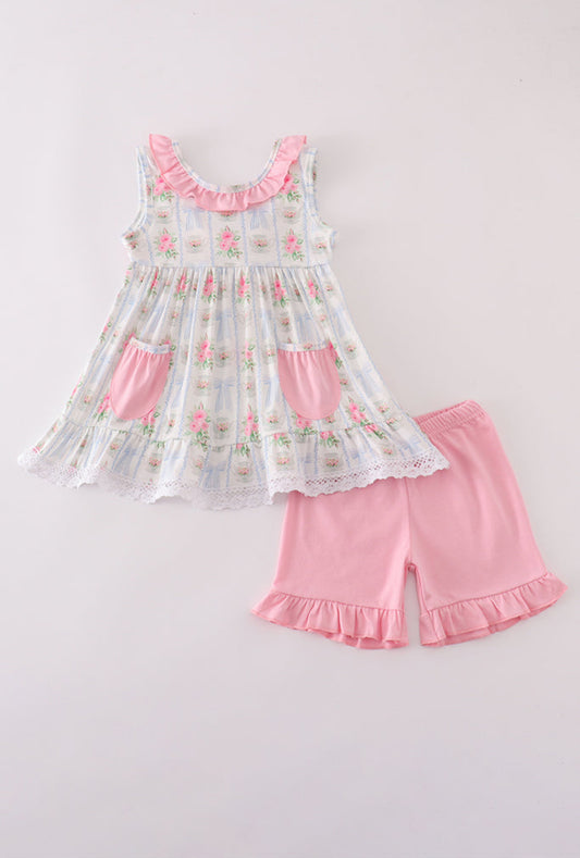 Tea Floral Bow Ruffle Girl’s Shorts Set