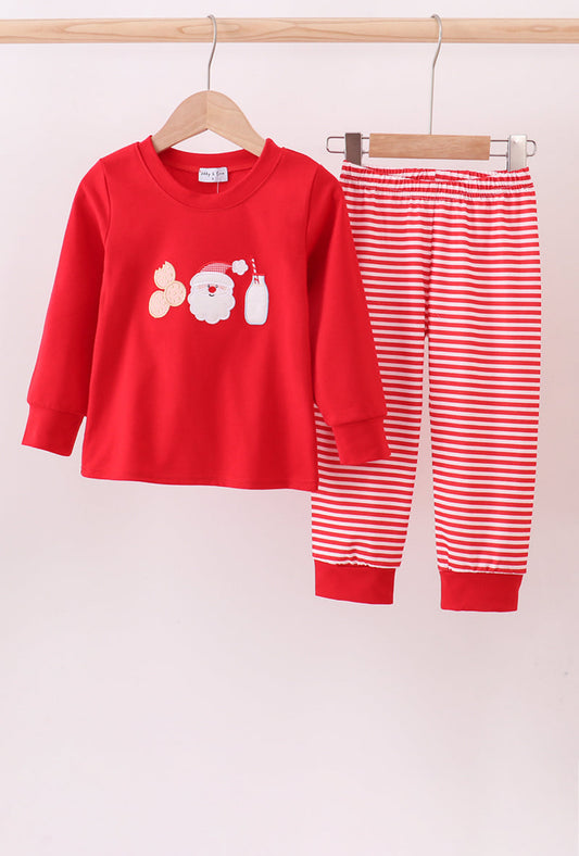 Red Santa Claus Biscuit Milk Appliqué Stripe Boy’s Pants Set