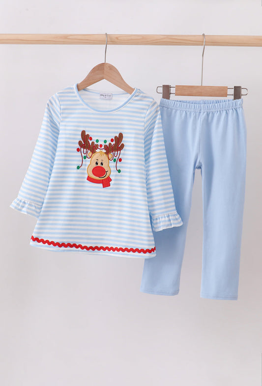 Blue StripeReindeer Applique Ruffle Girl’s Pants Set