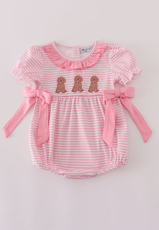 Pink Stripe Puppy Embroidery Ruffle Girl Bubble
