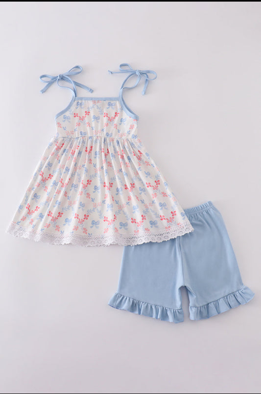 Blue bow Lattice Print Girl’s Short Set
