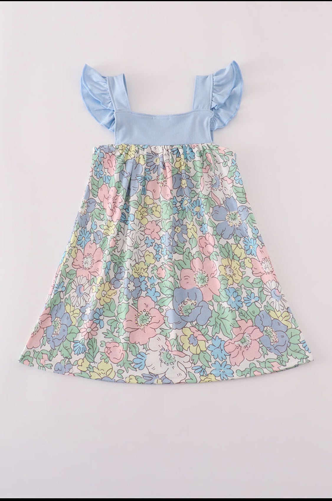 Blue .Floral Print Appliqué Girl’s Ruffle Dress