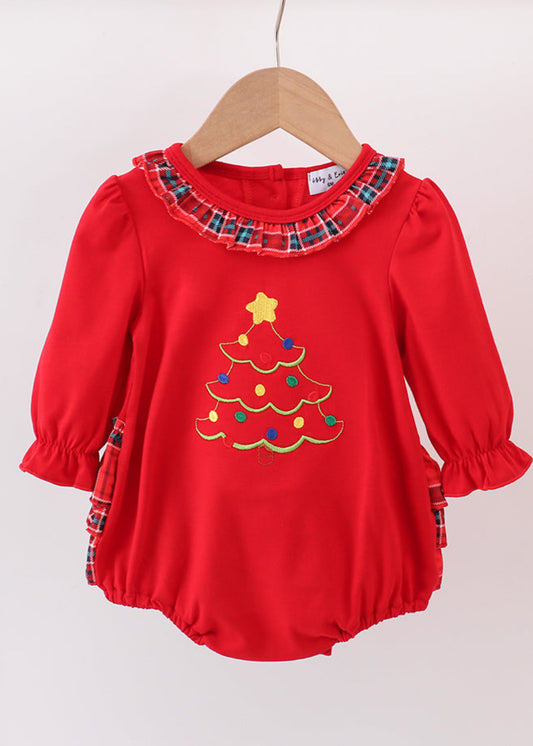 Red Tree Embroidery Plaid Ruffle Girl’s Bubble