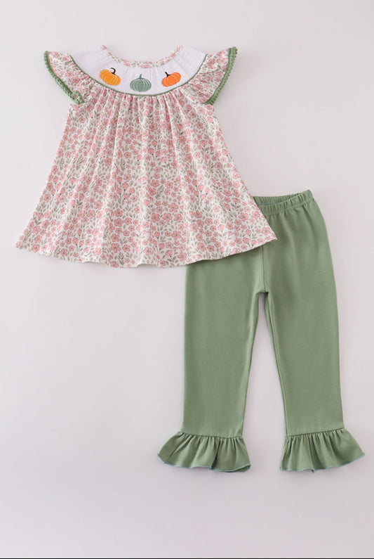 Pink Pumpkin Smocked Floral Ruffle Girl’s Pants Set