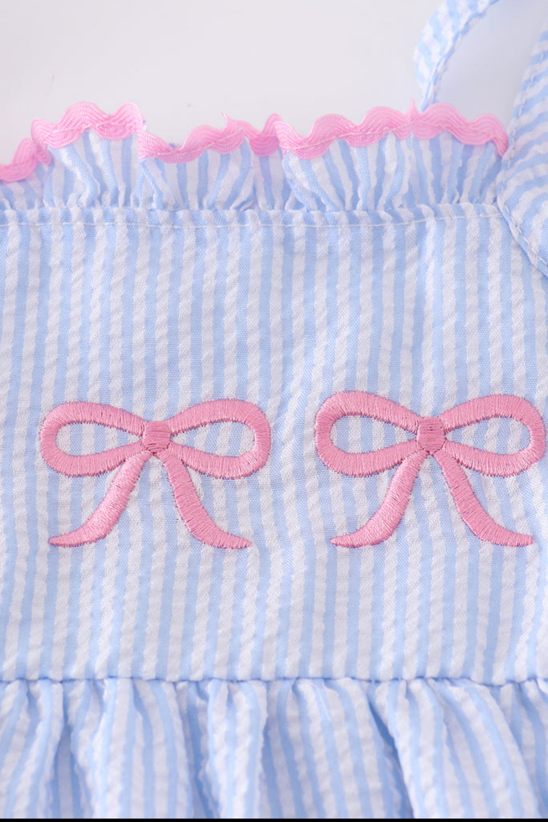 Blue Striped Seersucker Bow Embroidery Dress