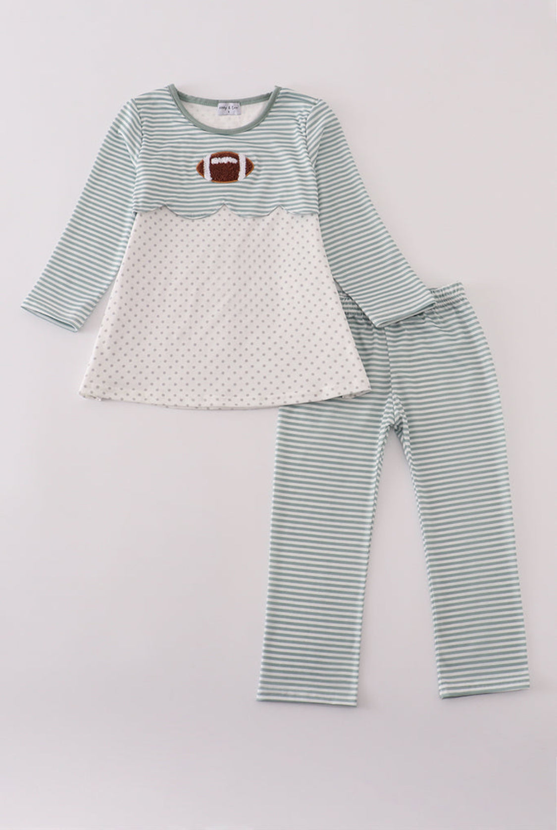 Sage Stripe Football French Knot Girl’s Pants Set