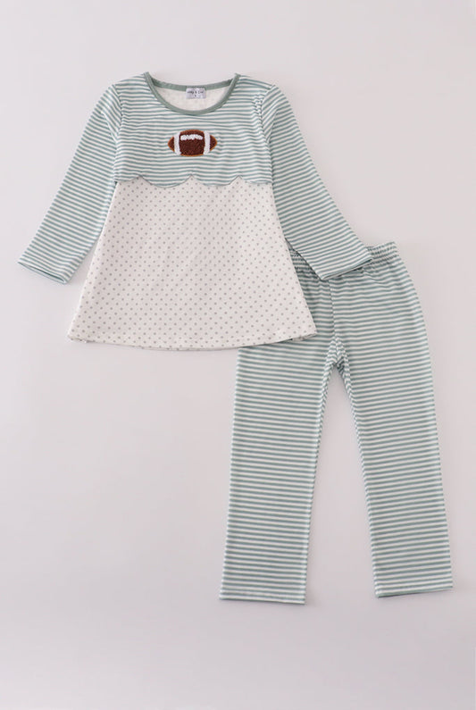 Sage Stripe Football French Knot Girl’s Pants Set