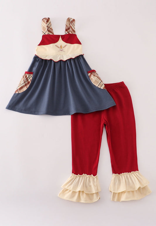 Wheat Embroidery Ruffle Girl’s Pants Set