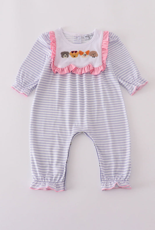 Purple Puppy French Knot Stripe Girl’s Romper