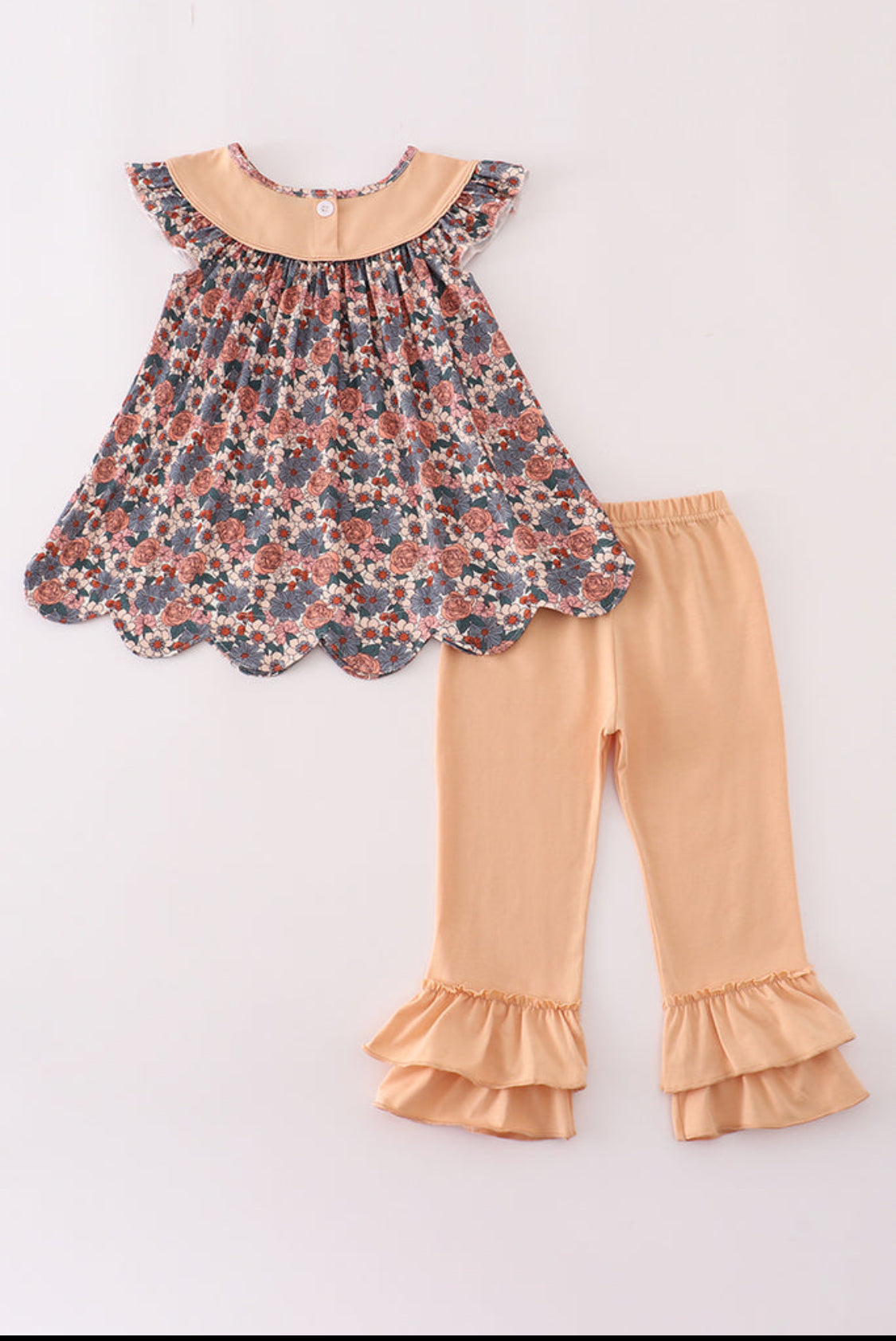 Fall Floral Print Pumpkin Embroidery Girl’s Pant Set