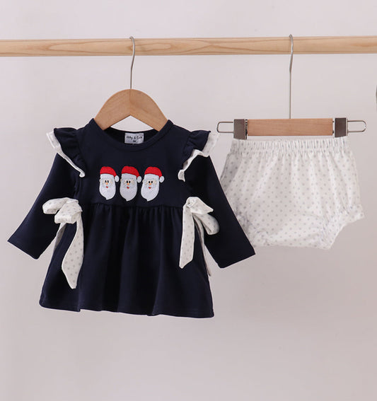 Navy Christmas Santa Claus Embroidery Ruffle Girl’s Bloomer Set
