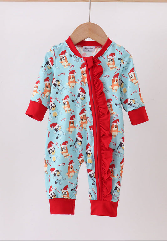 Blue Christmas Character Print Ruffle Girl’s Romper Pajamas